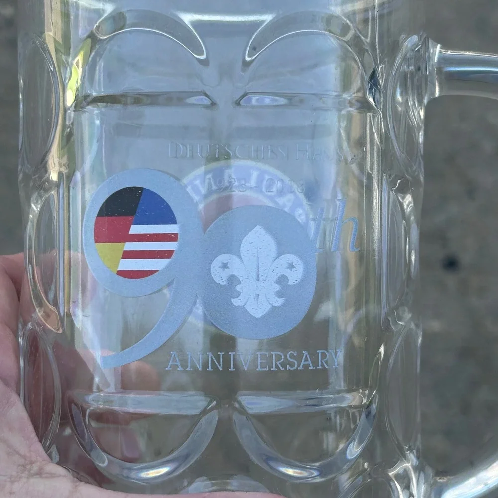Paulaner Munchen Plastic Beer Stein Mug Made in US Deutsches Haus 90th Ann Clear